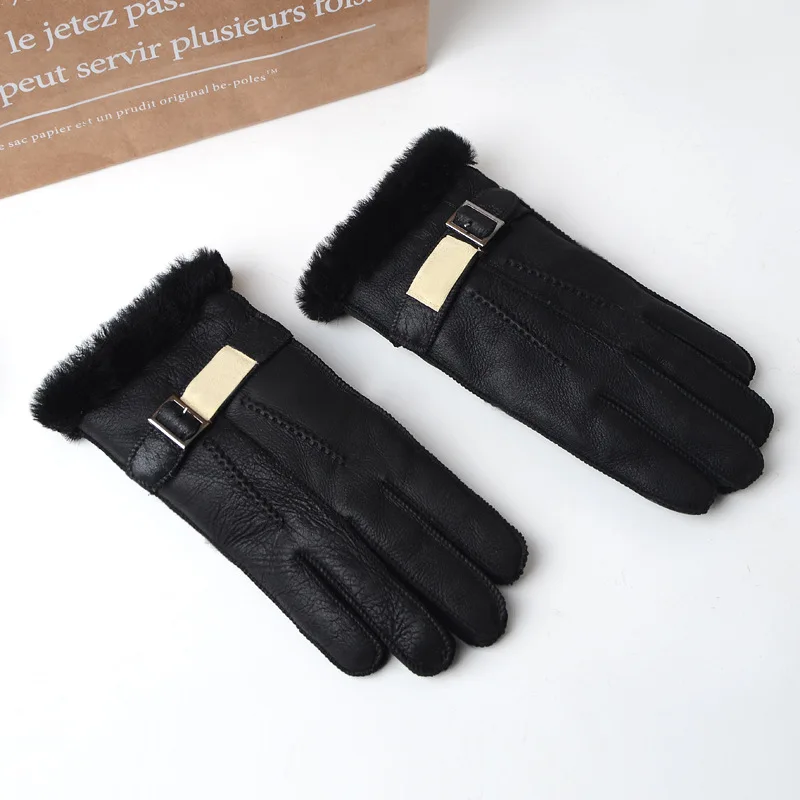 
fashion Five fingers Wool Genuine Leather Sheepskin Sheep Fur Mittens Elegant Warm Female Sheepskin Wool Cycling 