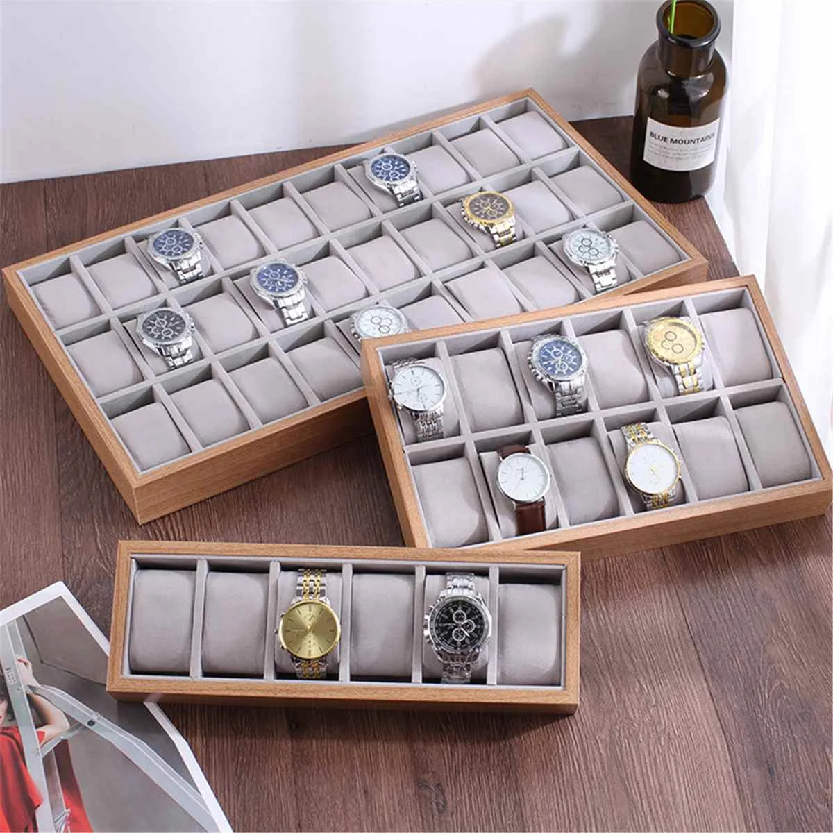 6/12/24/30 Grids Watch Box Pillow Style Wood Watch Display Tray Storage Holder Organizer Open Jewelry Display Box