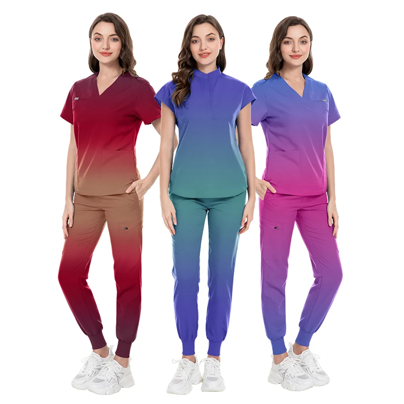 Ramp Mandarin Neck Flare Pants Women Nursing Surgical Suits Scrub Sets Stylish Fashionable TRS Stretchy Gradient 2024 Waterproof