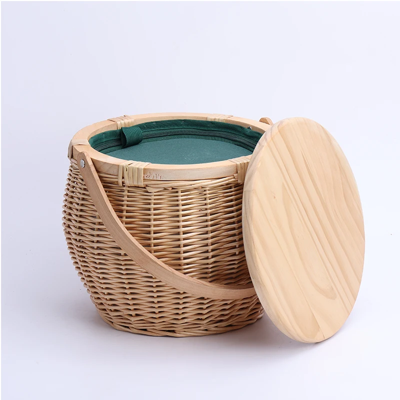 handle oval beach round willow wholesale insulated rattan cooler wood top wicker picnic basket with wooden lid for 4 person