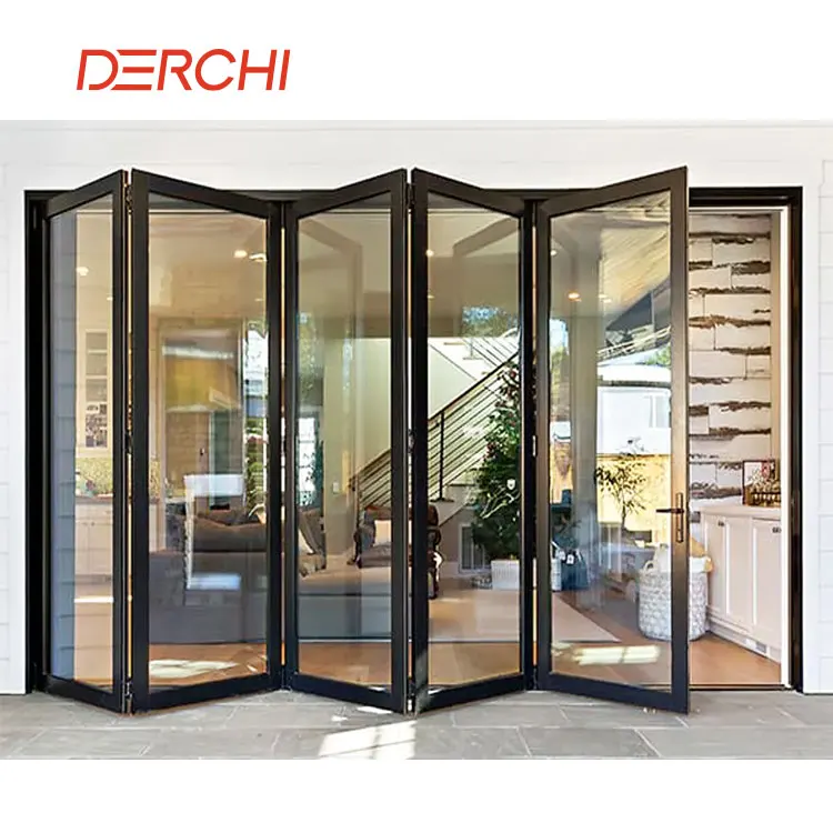 DERCHI NFRC America Hurricane Impact Aluminum Frame Large View Glass Foldable Doors Balcony Accordion Bi-Folding Patio Doors