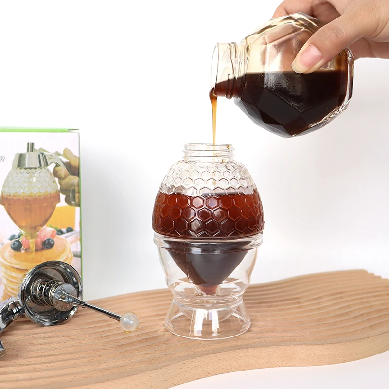 Factory 200ml Honey Dispenser No Drip Maple Syrup Dispenser Bee Drip Storage Pot Jar with Stand Multi Function Honey Dispenser