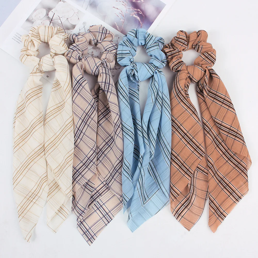 
Low price fashionable leopard scrunchie designer printed long ribbon hair tie for women 