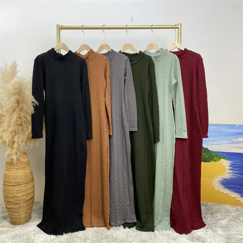 6435-1# New stock muslim women fashion long sleeve slip dress autumn winter sweater inner dresses 6 colors