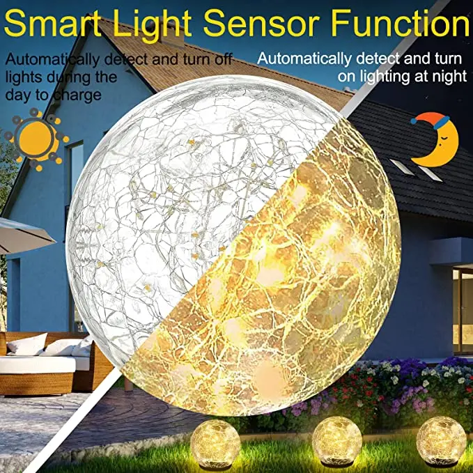 Garden Solar Ball Lights Outdoor Waterproof Cracked Glass Globe Solar Power Ground Lights for Path Yard Patio Lawn