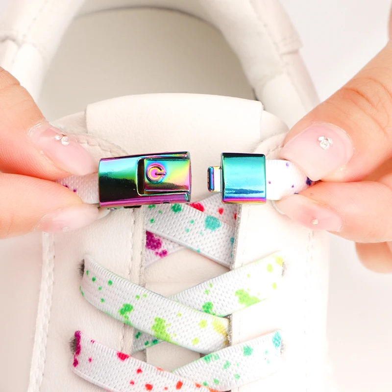 2023New Lazy Elastic Shoelace colorful Metal Button Press Buckle Flat Sneakers shoelaces No Tie Elastic Shoelaces