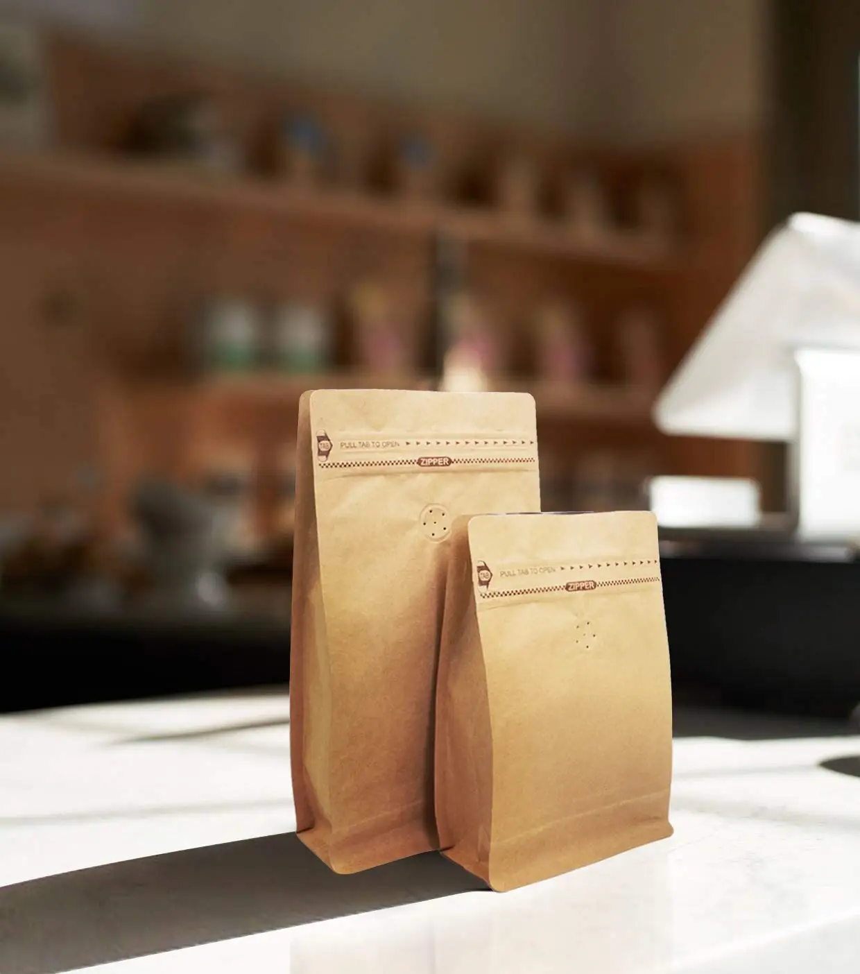 Flat Bottom Pull Tab Zipper compostable Natural Kraft coffee bags valve