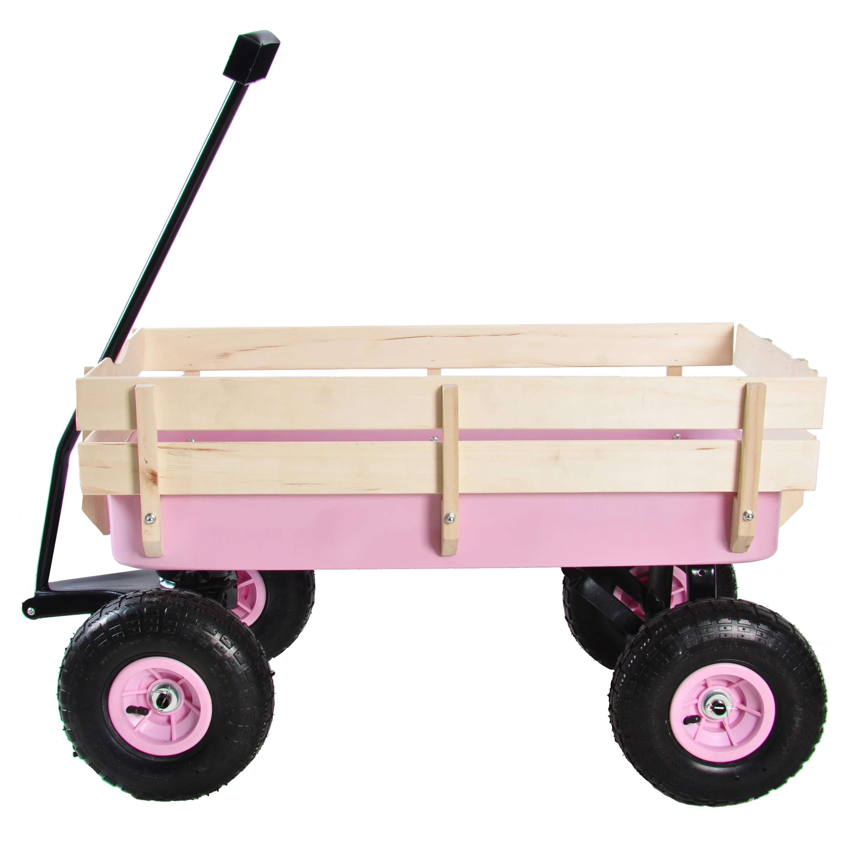 Outdoor cart with wood railing, all-terrain pneumatic wheels, rotatable handle.