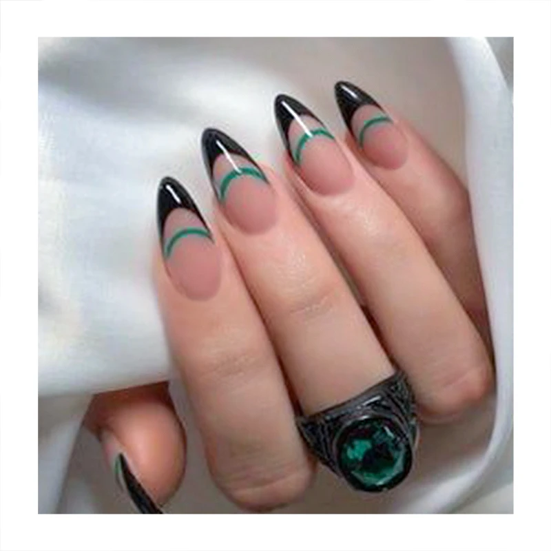 New Cute Style Almond Fake Nails Nude Mirror Nails Tips Draw Line Top Paint Black Full Cover Wholesale Custom Press On Nails