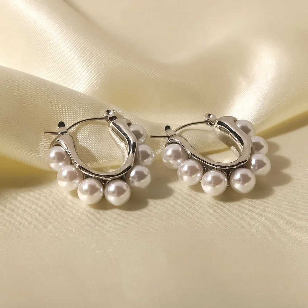 INS influencers titanium steel 18K gold plated fashion stainless steel white pearl jewelry Wholesale Stud Earrings for Woman