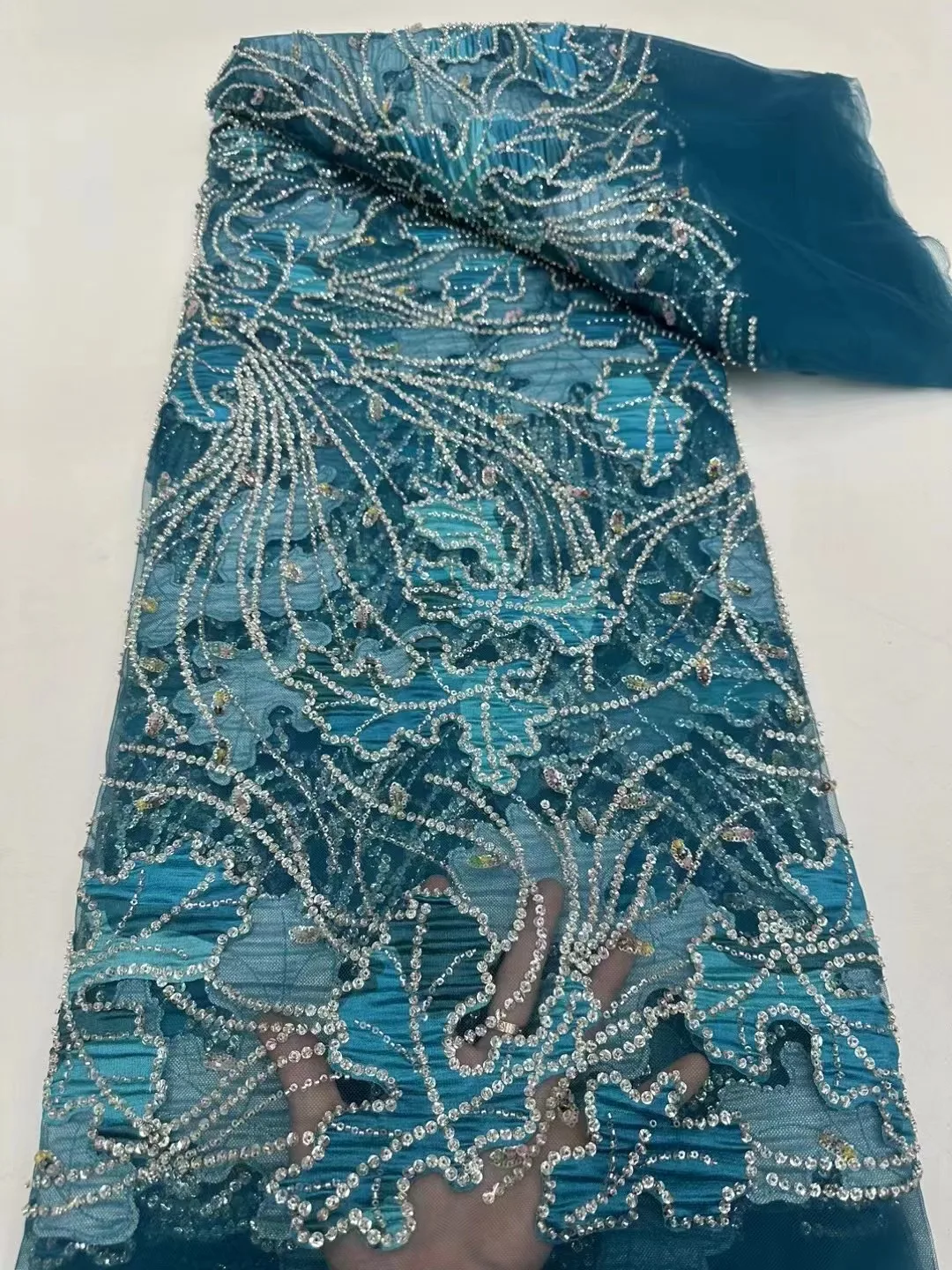 NI.AI Luxury Lace Fabric Colorful Sequence Net Lace Embroidery Satin Lace Sequin Fabric For Wedding Dress