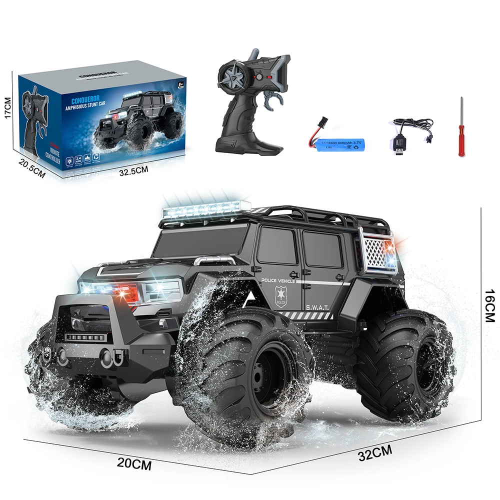 New Product Remote Control Cars 4WD With Lights Amphibious Stunt 2.4G Radio Off-road Big Wheel Police Car Toys For Kids