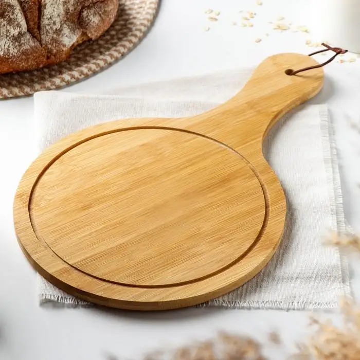 Hot Selling  Round Shaped  Wood Pizza Peel Serving Cheese Cutting Board With Handle