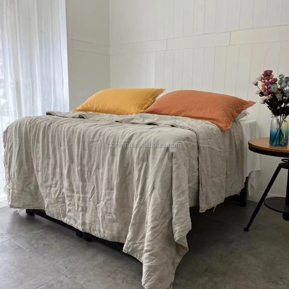 Stone-washed 100% Linen embroidery quilt Queen size high quality luxury Bedding Customized size and color Sustainable material