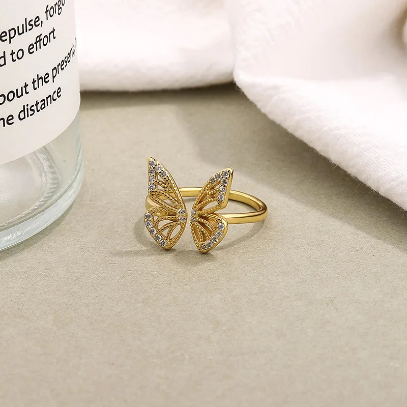 Factory Price Gold Plated Cubic Zirconia Hollow Butterfly Rings 925 Sterling Silver Women Adjustable Ring