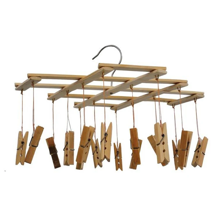 Custom Laundry Hanger Sturdy Bamboo Wood Clothes Drying Rack With Clips For Quick Hand Wash