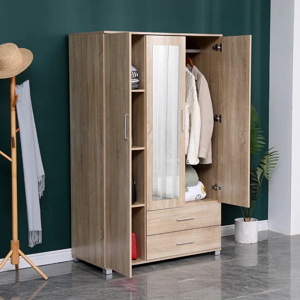 Hot Sale Modern Cheapest Wardrobe Simple  Wooden  3 door wardrobe with 2 drawers  Closet With Mirror