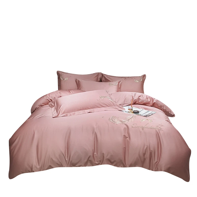 Роскошное оптовое выбор, высокое качество, чистый хлопок а-ля 60ые перо вышивка набор из четырех цифровая печать Комплект постельного белья