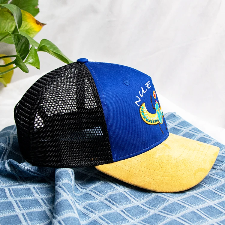 hengxing new design 100% cotton two tone embroidery grey 5 panel baseball mesh cap with custom logo