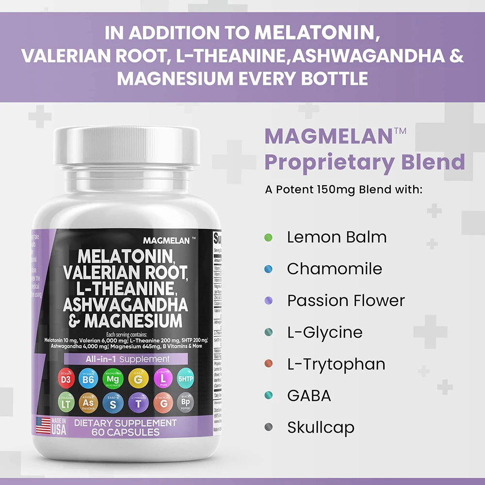 Ashwagandha Capsules Valerian Root L-Theanine magnesium Capsules ALL IN ONE Melatonin Capsules With FAST SHIPMENTS