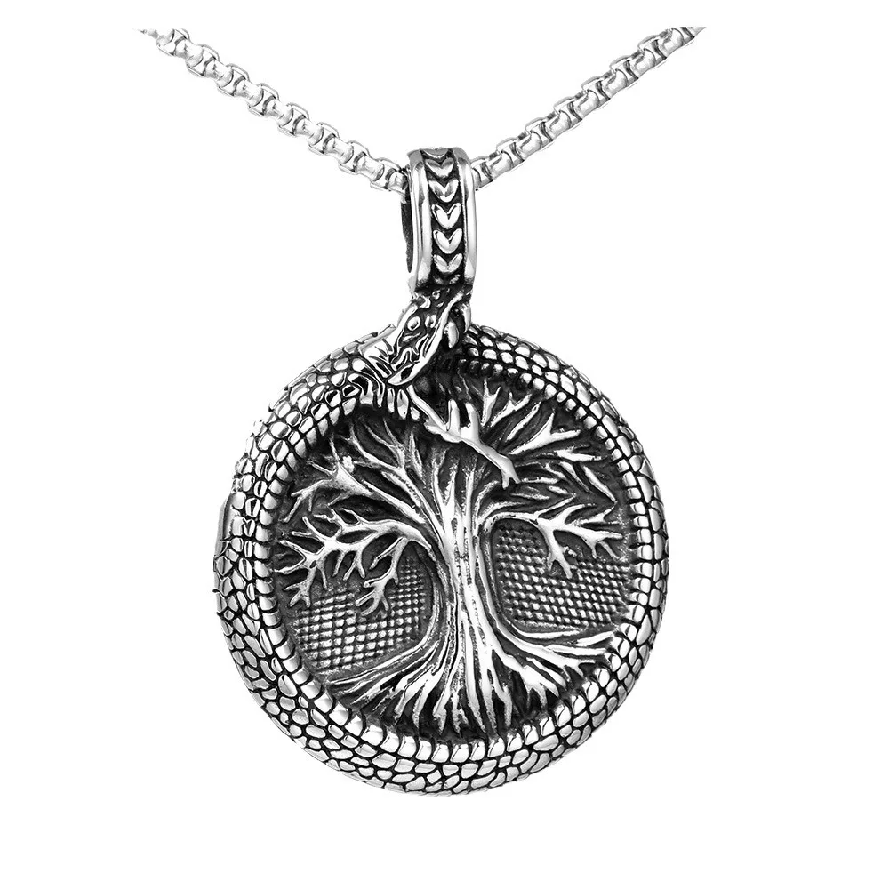 Ouroboros Snake Pendant with Pearl Stainless Steel Vegvisir Necklace Norse Pagan World Tree Yggdrasil Pendant for Men