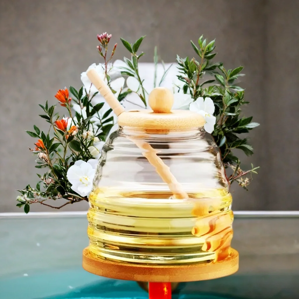 Home Glass Jar Clear Lead Free High Borosilicate Heat Resistant Handmade Glass Honey Canister With Wooden Lids And Stick Dipper