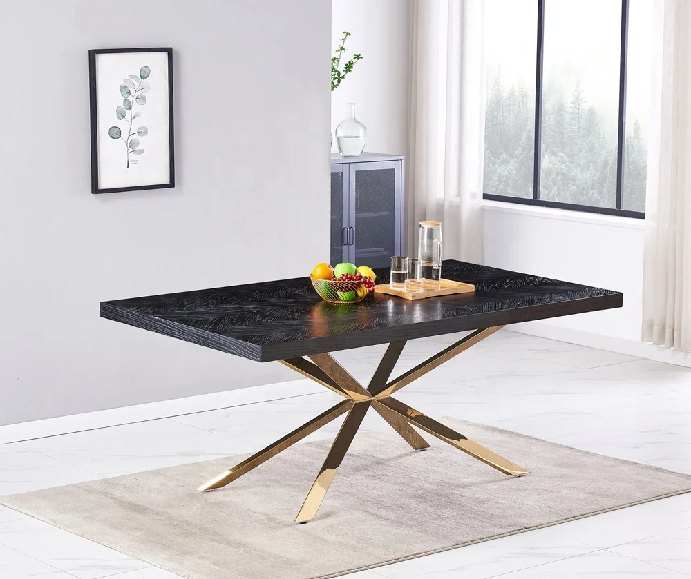 Large Black Herringbone Furniture Wood Gold Stainless Steel Dining Table Chairs 6 Modern Luxury Set