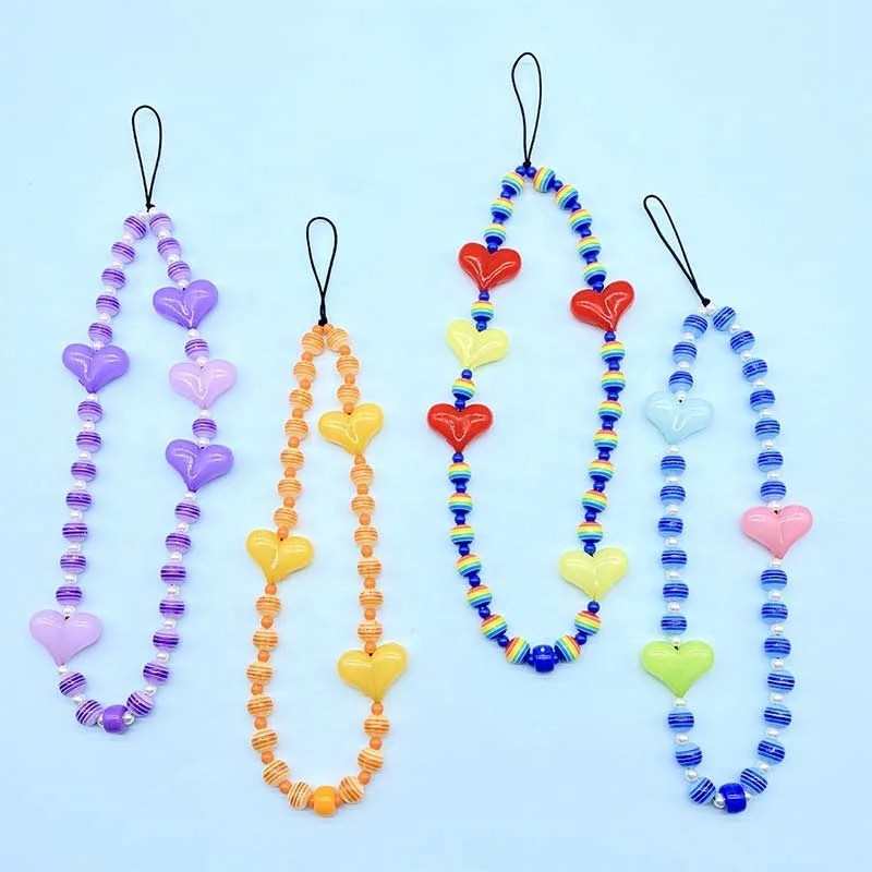 Hot European And American Personality Fashion Color Acrylic Rainbow Beads Cell Phone Lanyard Mobile Phone Chain Female Ornaments
