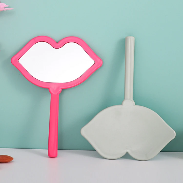 Custom Logo Salon Hairdresser Lips-Shaped Handheld Portable Cosmetic Vanity Makeup Hand Held Mirror With Handle