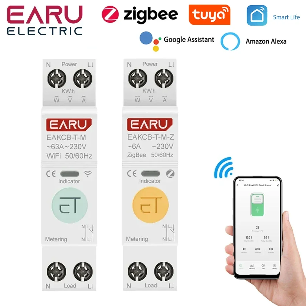 Tuya WiFi Zigbee Smart Circuit Breaker MCB 1P+N 63A Power Energy Voltage Current Meter Voice Remote Control Switch