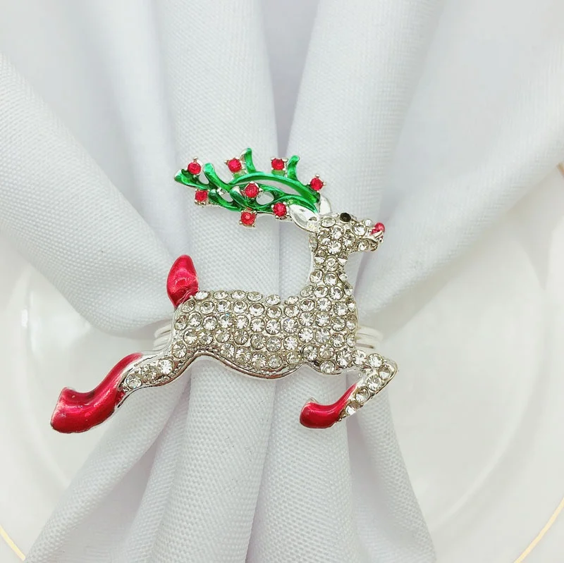 Christmas Napkin Ring Luxury Diamond Reindeer Napkin Ring Holder Silver Metal napkin rings for Christmas Dinner Table Decoration