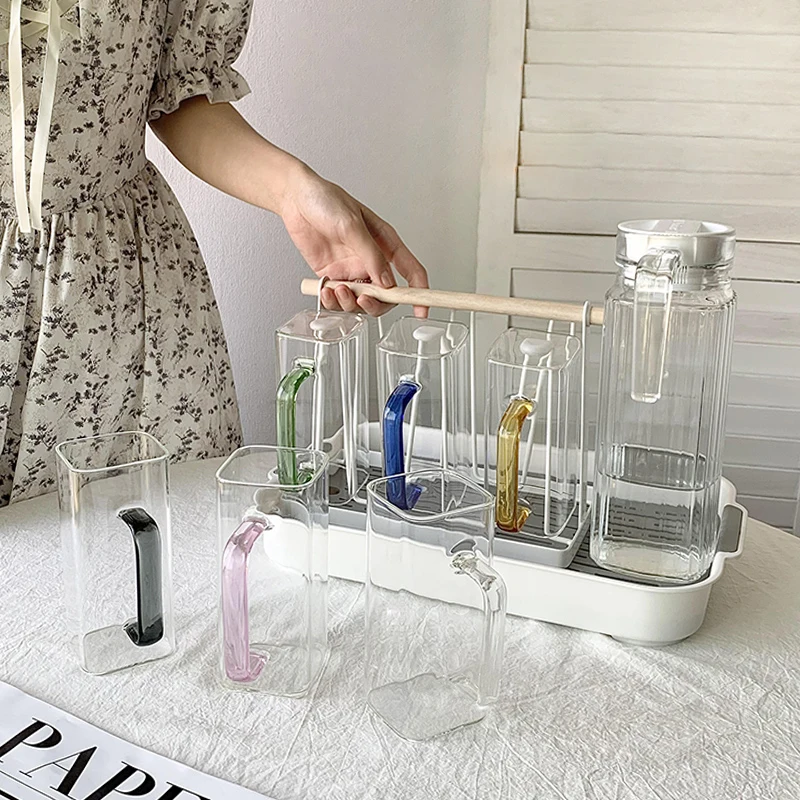 High Borosilicate Square Glass With Colored Handle Clear Pyrex Glass Coffee Cup Set