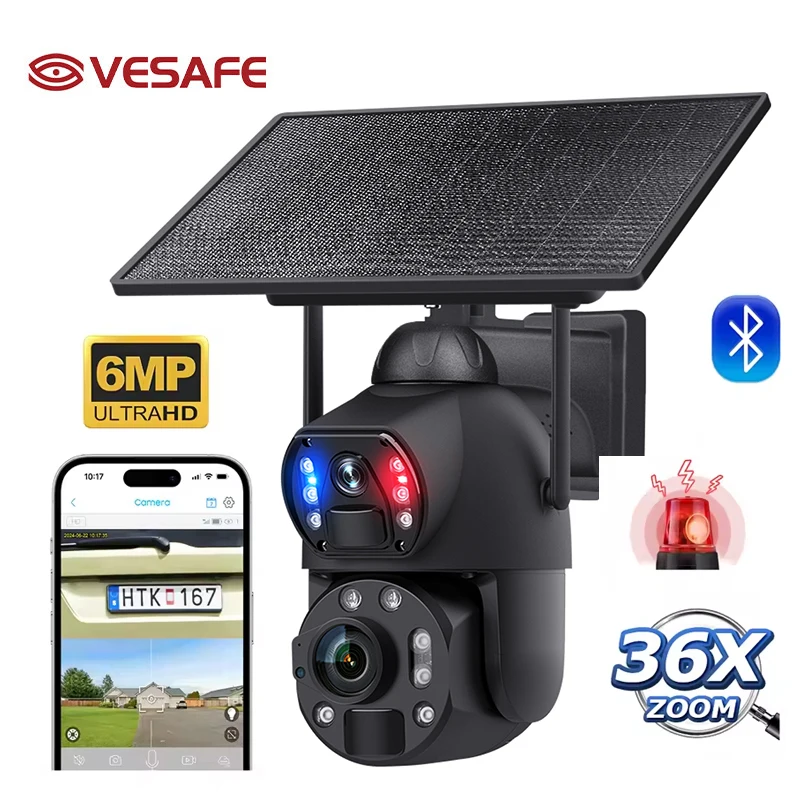 VESAFE Outdoor Security Smart 10W Solar Power Panel Motion Sensor 3k 6mp 36x Zoom PIR Ai Surveillance Camera