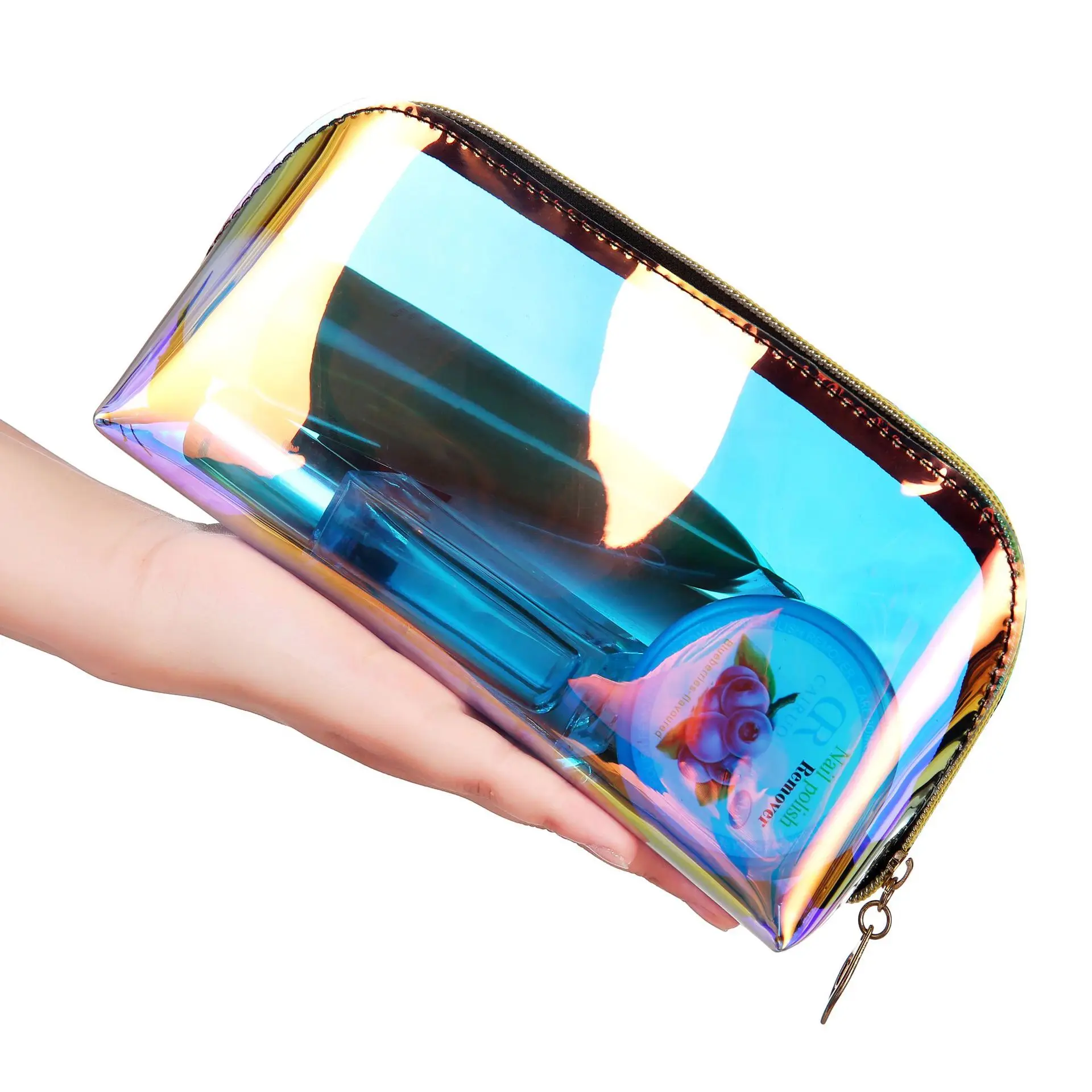 
Travel private label logo glitter clear TPU holographic cosmetic bag 