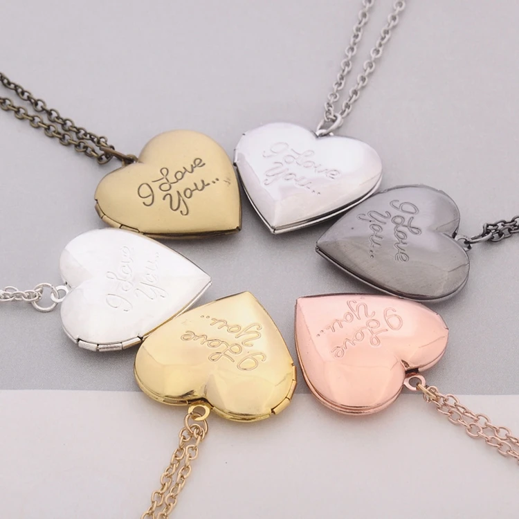 LWB40653 2.8CM Rose Gold Heart I Love You Engraved Locket Pendant DIY Photos Necklace For Women
