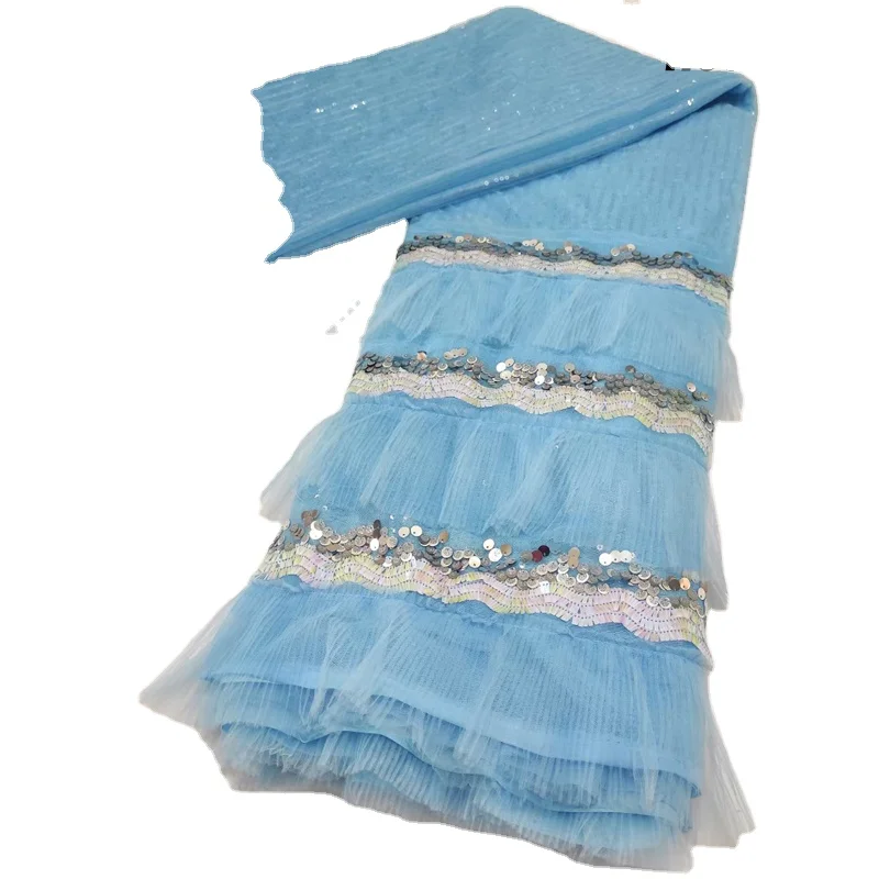 Красивое платье синяя французская африканская сетчатая кружевная ткань для невесты Низкая цена оптовая продажа многослойная кружевная ткань с оборками