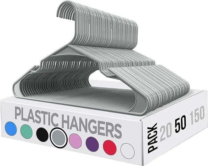Home Clothes Hangers 50 Pack - Grey Plastic Hangers Space Saving - Durable Coat Hanger with Shoulder Grooves