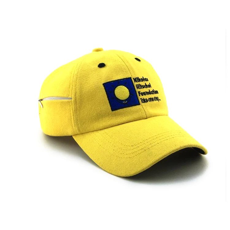 Custom yellow plain sport dad hat baseball cap with zipper pocket
