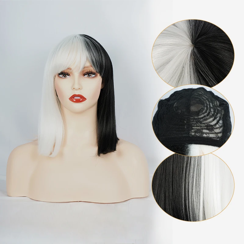 Women halloween costume Short body wave half white and half black with fringes Cruella de Vil for toppik black cosplay wigs