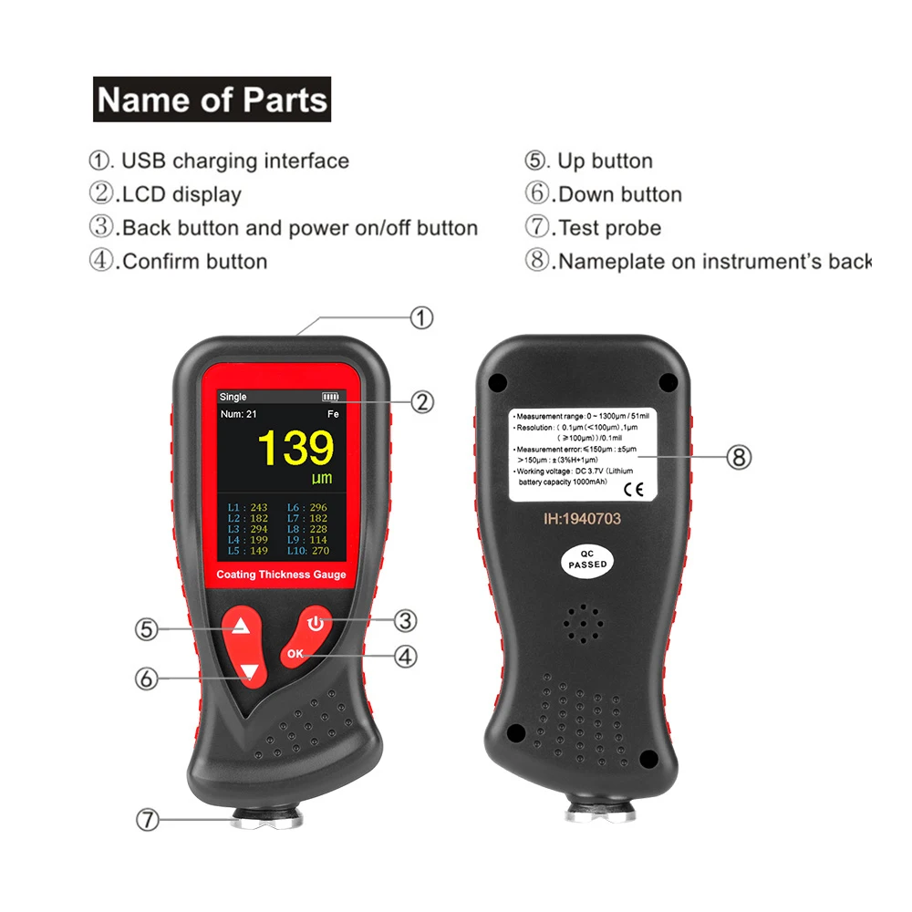 Thickness Gauges Paint Coating Thickness Gauge Car Film Digital Thickness Gauge Tester 0-1300um Rechargeable