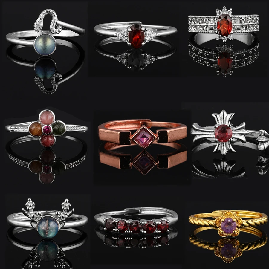 Natural Hetian Jasper Grey moonstone garnet Ring for Women Crystal Quartz Gemstone Adjustable cooper-plating silver ring