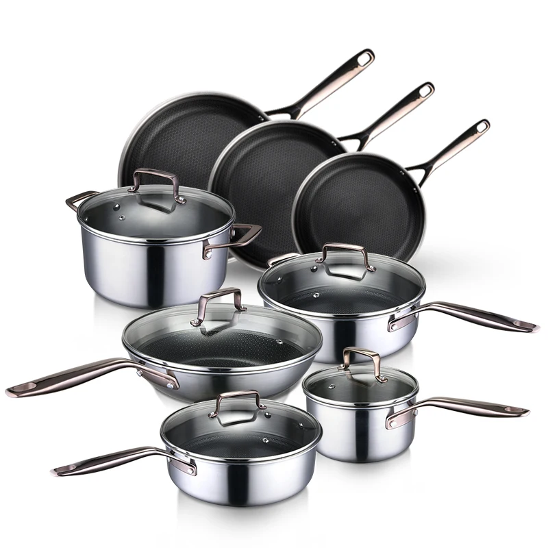 304/430 Stainless Steel Ceramic Cooking Pot And Pan Sets Kitchen Tri-ply Cookware Set With Honeycomb Etched Pattern