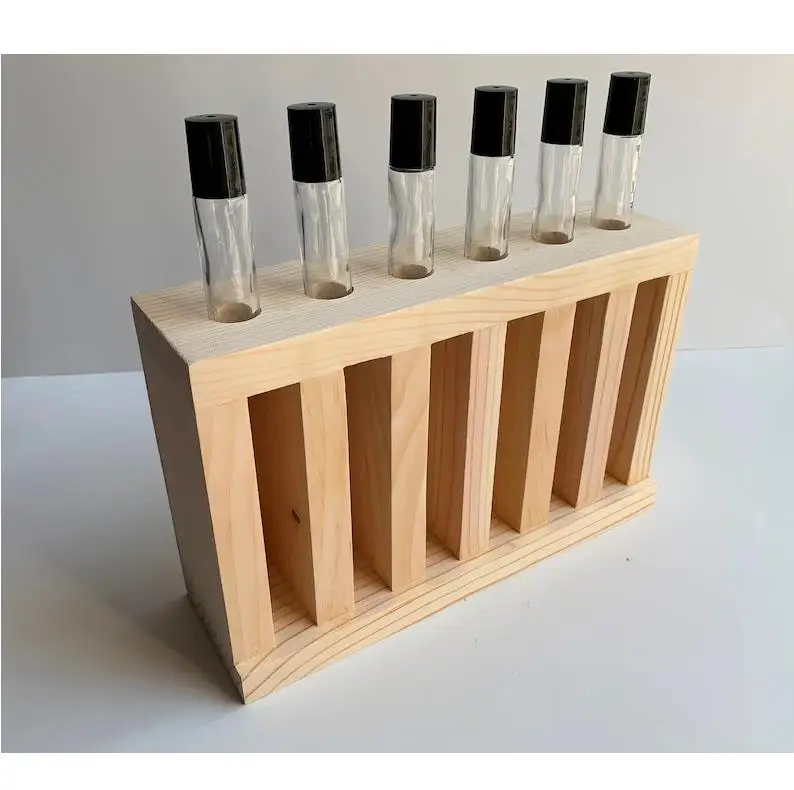 Custom creative wooden roller ball bottle display stand wooden perfume display essential oil stand