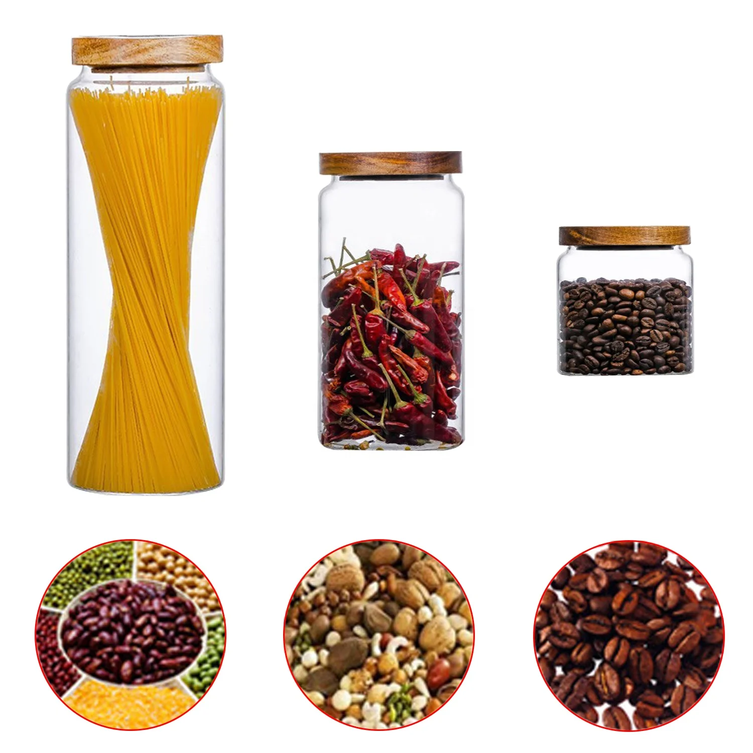 Wood Lid Glass Airtight Canister Kitchen Storage Bottles Jar Candy Food Jar Container Bottle Coffee Bean Pasta Grain Oatmeal Jar