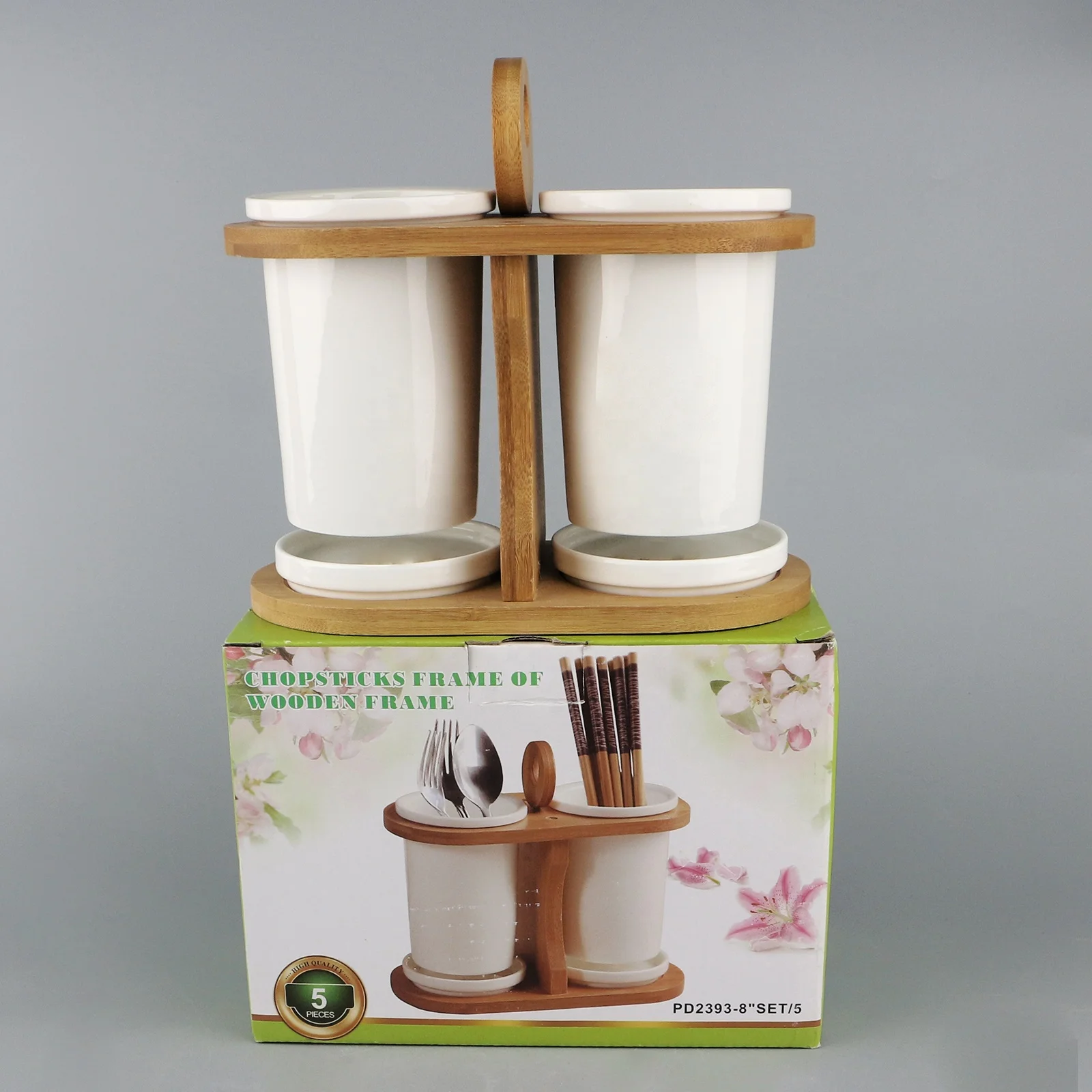 Modern Stylish 2-Cup Lid Porcelain Kitchen Utensils Cutlery Drying Storage Holder with Wooden Caddy Countertop Stand