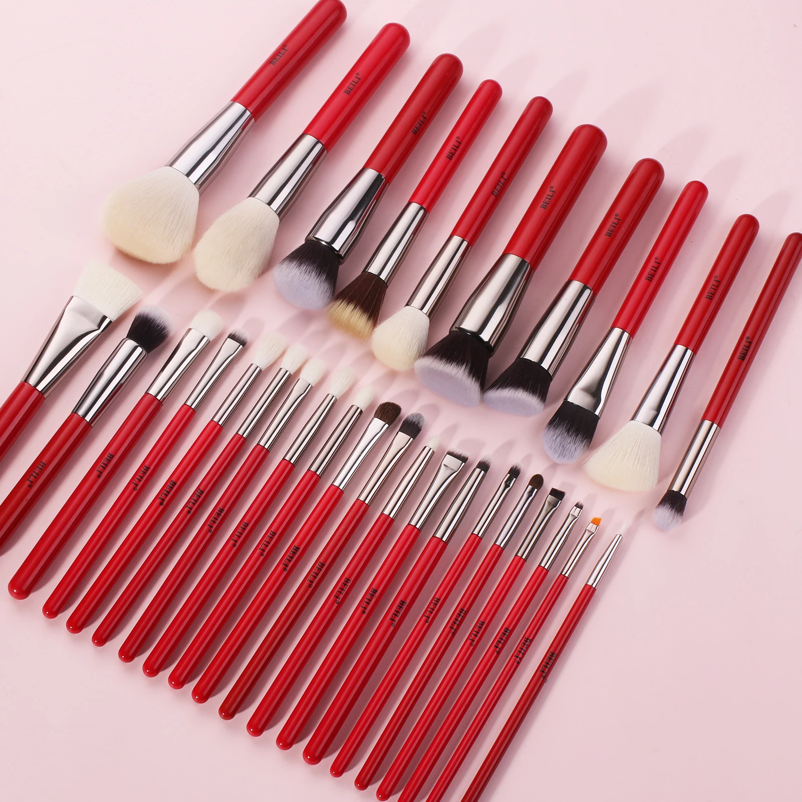 BEILI Red 30pcs make up brushes Private label Natural goat pony hair Matte handle face makeup brush set stock brochas maquillaje