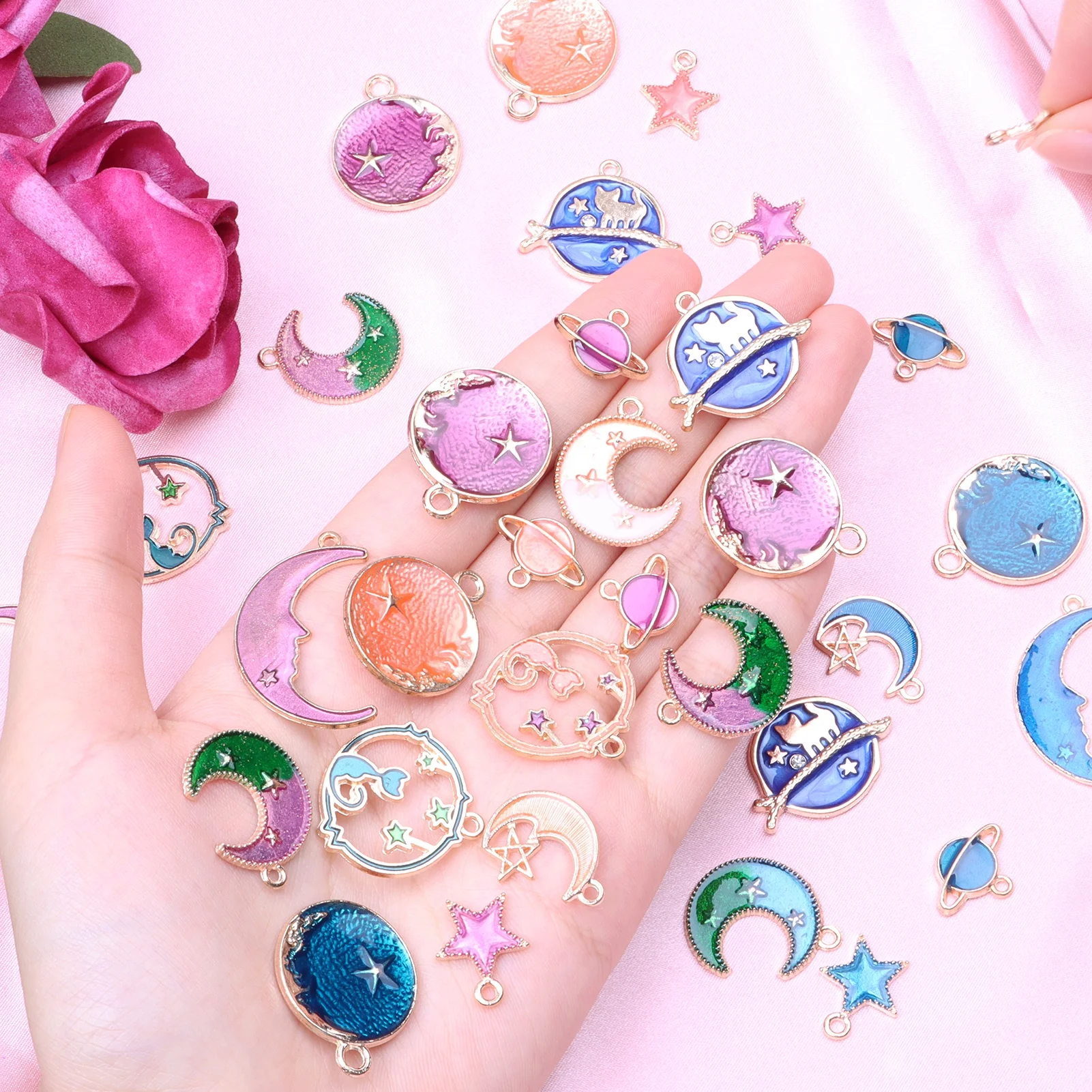 Gold Plated Enamel Cat Moon Star Celestial Jewelry Charms pendant jump ring bracelet jewelry findings jewellery making 925 fin