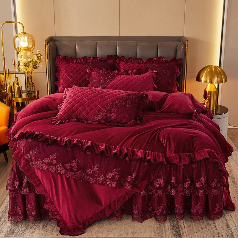 Comforter Bed Sheets and Skirt Bed Set Home Full Size Lace Velvet Embroidery Bedding Set Bedspread Bed Cover