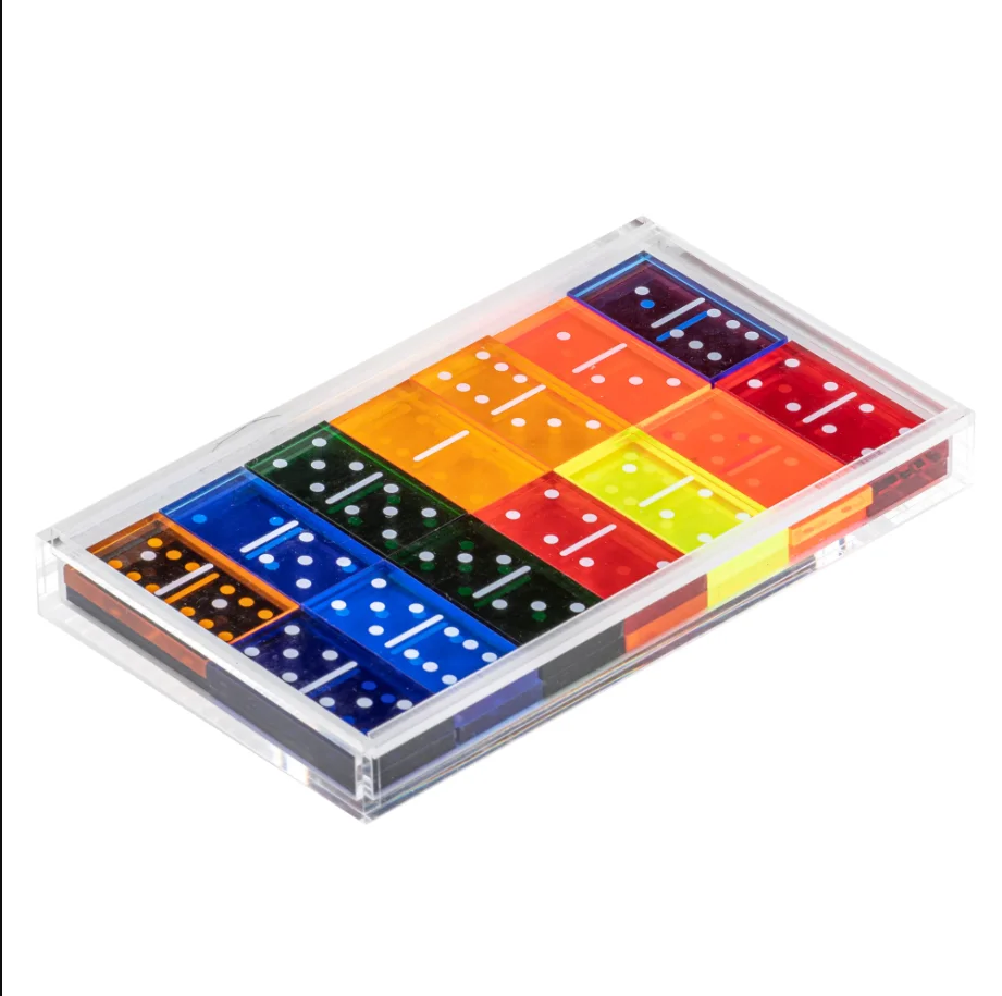 28 Pcs Double Six Family Juego Dominoes Block Custom Coloful Acrylic Domino Board Game Set with Clear Box