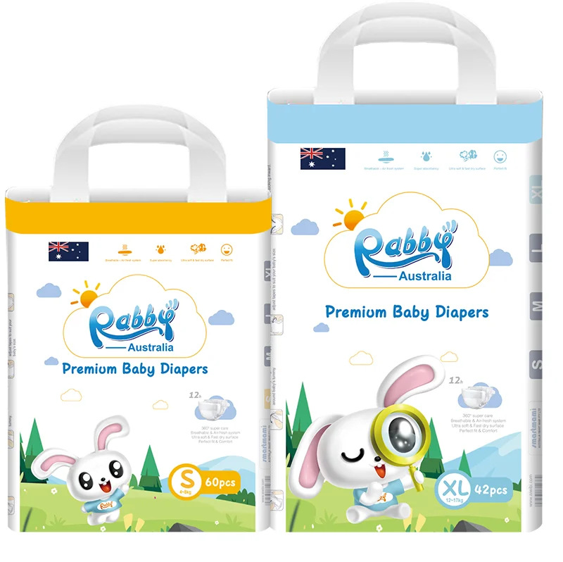 Australia Rabby  brand  Super soft kids nappies breathable top sheet custom printed disposable tape diapers  OEM custom factory